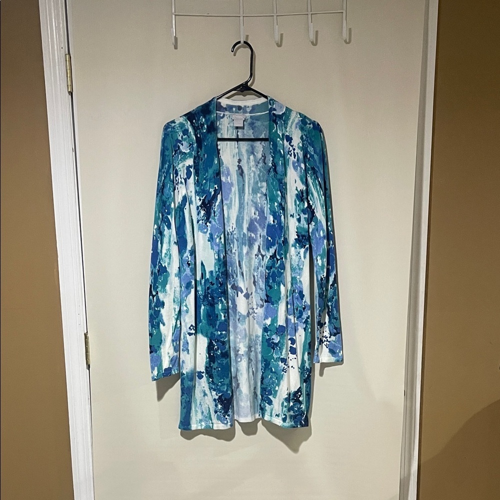 NWOT Chico's Vibrant Blue and White Patterned Sweater Cardigan SZ 1 Or Medium